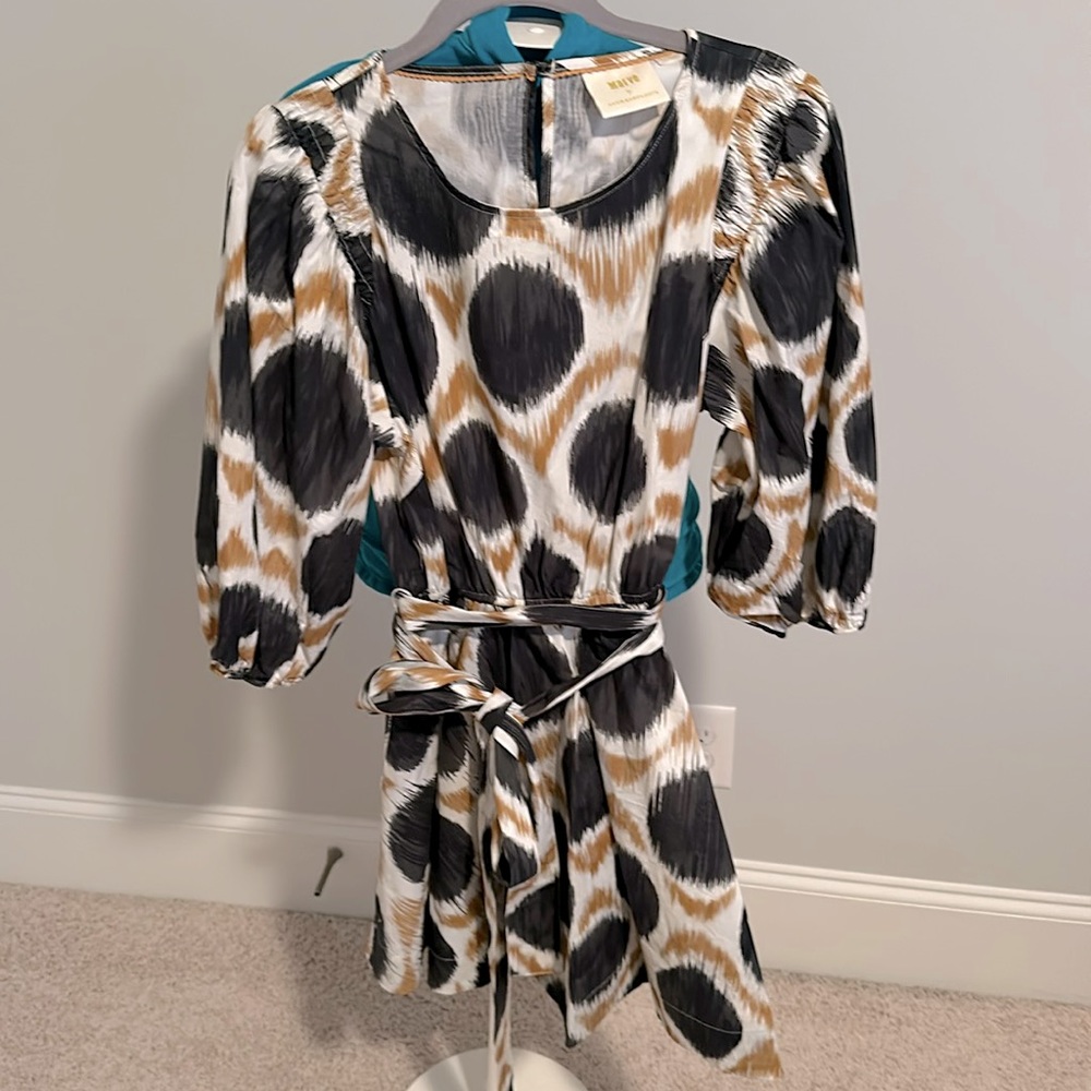 Anthropologie Black, White & Brown Printed Midi Dress